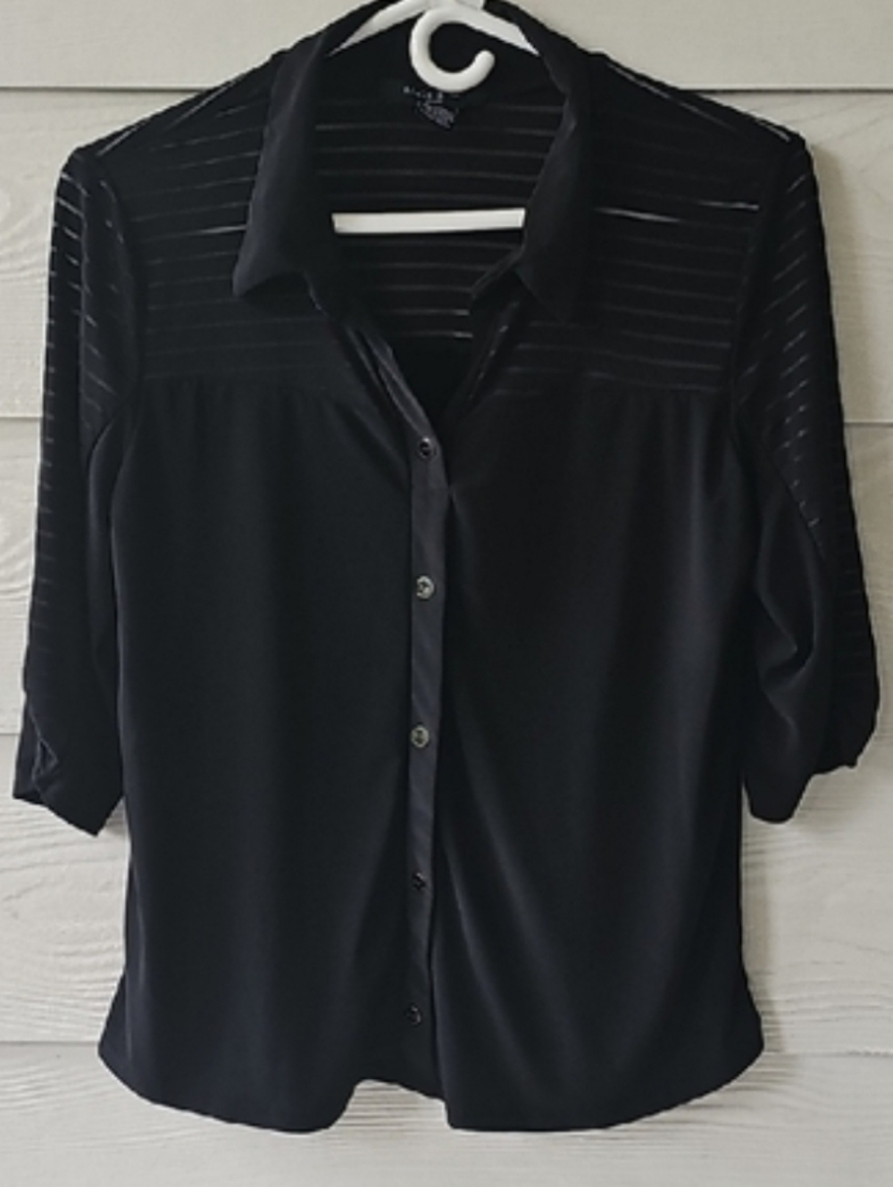 Adele & May Black Button Down Blouse Sheer Stripe Mesh Accent Petite PL